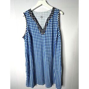 Lands End Draper James Women’s 1X Blue Gingham V-Neck Dress Pockets Sleeveless